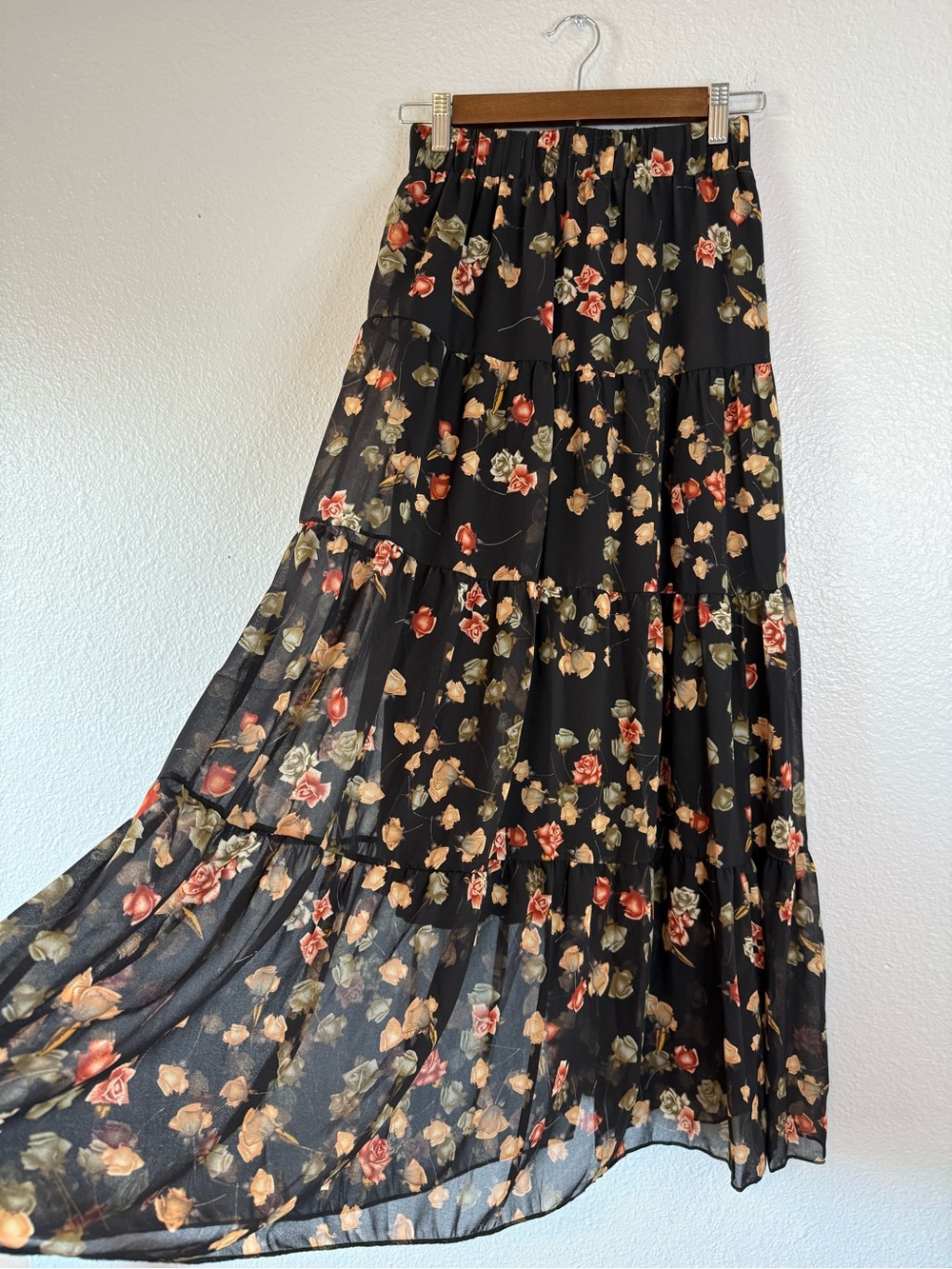 Black Floral Tiered Maxi Skirt Sheer Lined Boho Cottagecore S